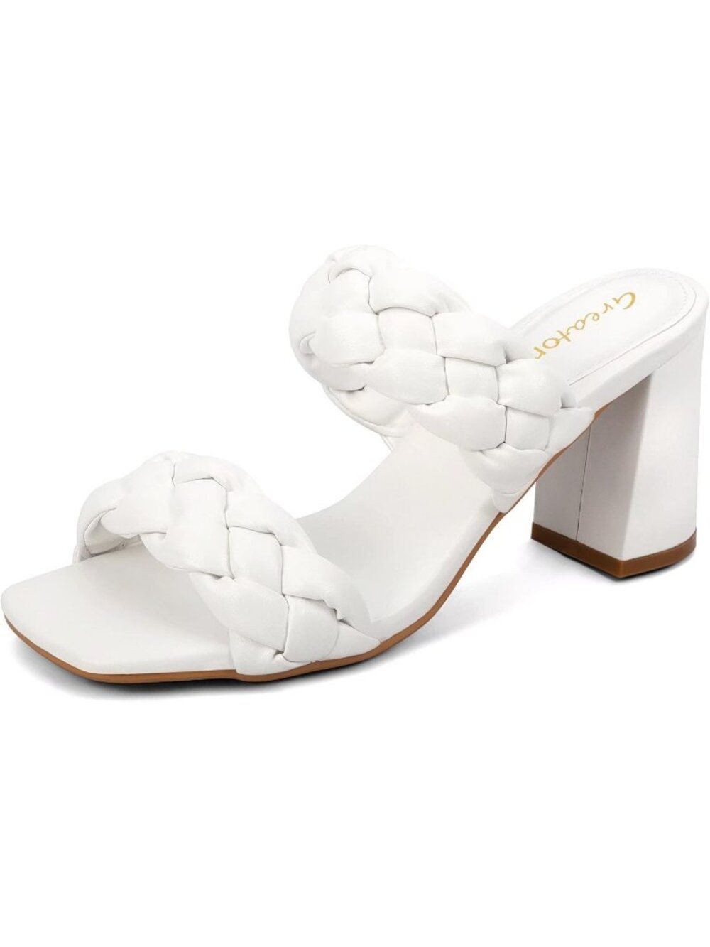 Women's White Double Braided Woven Straps Square Toe Chunky High Heel Sandals